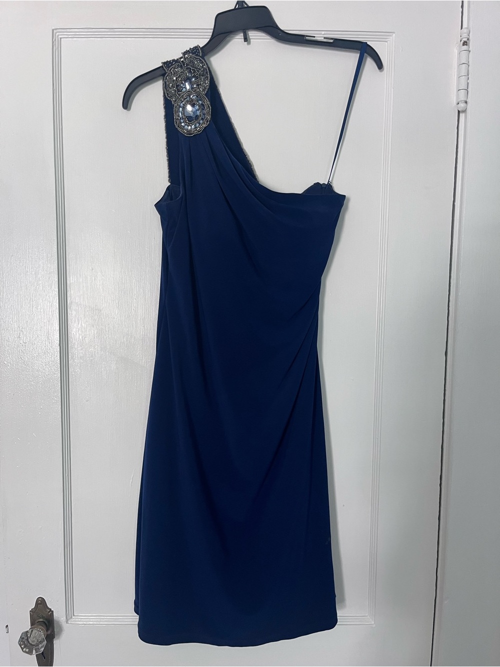 One-Shoulder Navy Dress with Beaded Shoulder Accent